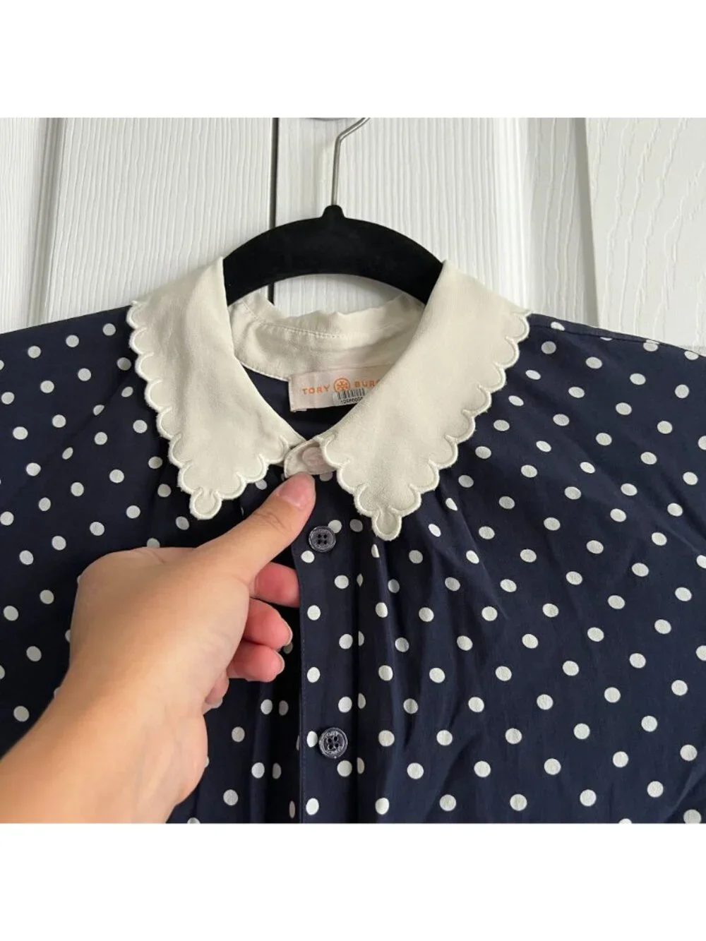 Tory Burch Cora Navy Blue White Polka Dot Silk Shirt Dress Women's Size 8